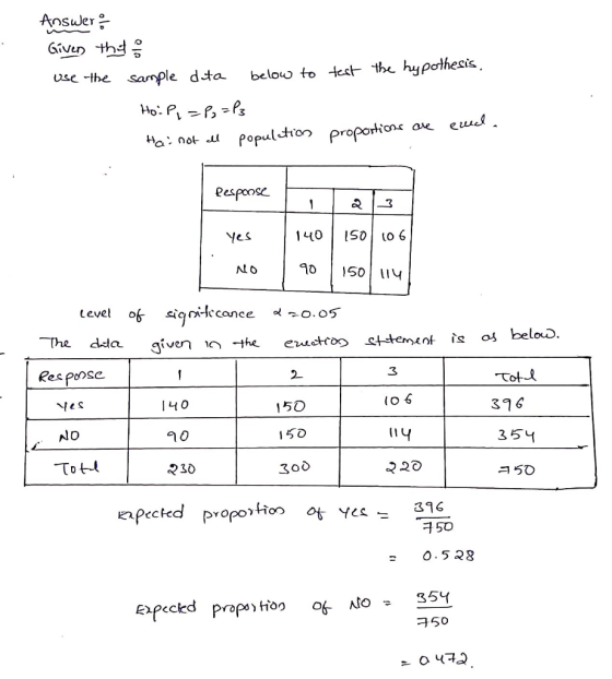 use -the sample d-ta beloo to 4est te hypothesis Hon a eu Kespcose Yes 10ISO LO 6 10 50u Level of siqri-lccance o.05 he dia Res pose 3 I 4 O 50 316 15 O Totl マ A 50 チ50 - O.528 354 ㅋ50