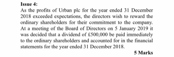 Issue 4: As the profits of Urban plc for the year ended 31 December 2018 exceeded expectations, the directors wish to reward