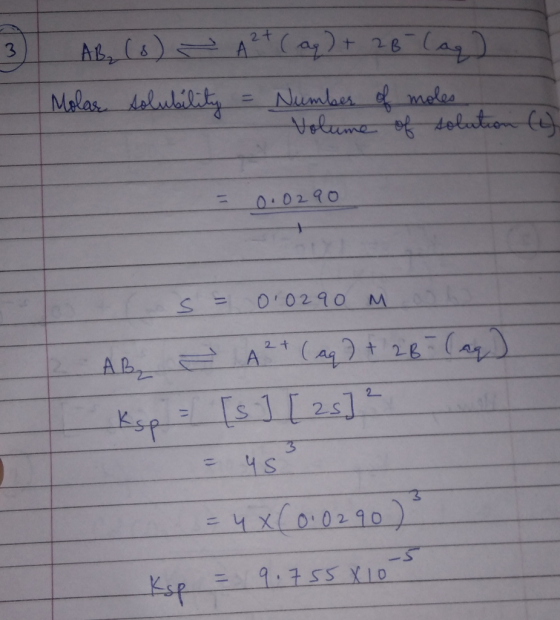 I AB (6) - A2+ (aq) + 28- (aq) Molar solubility = Number of moles Volume of solution Co 0.0290 = 0.0290 m a AB = A 2 + (aq) +