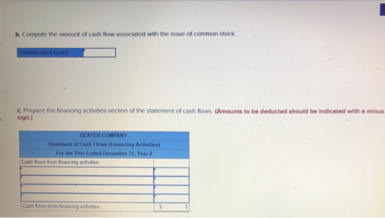 b. Compute the amount of cash flow associated with the issue of common stock. c. Prepare the financing activities section of