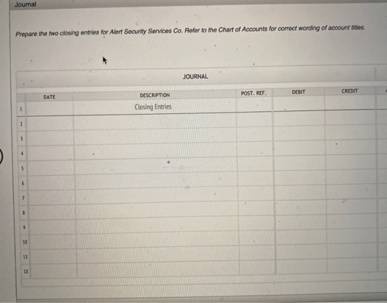 Journal Prepare the two closing entries for Alert Security Services Co. Refer to the Chart of Accounts for correct wording of