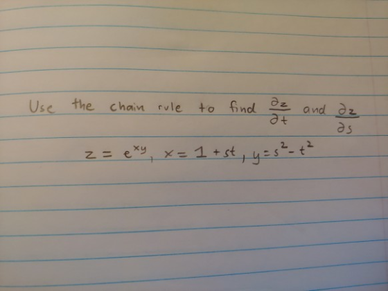 Use at the chain rule to find oe and dz z = exy, x= 1 +st, y = 3² - +²