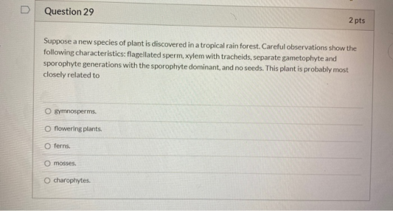 Question 29 2 pts Suppose a new species of plant is discovered in a tropical rainforest. Careful observations show the follow