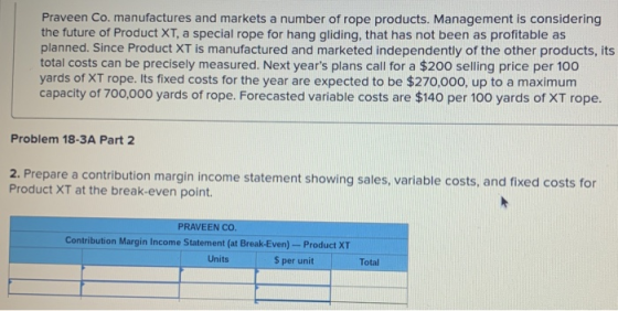 Praveen Co. manufactures and markets a number of rope products. Management is considering the future of Product XT, a special