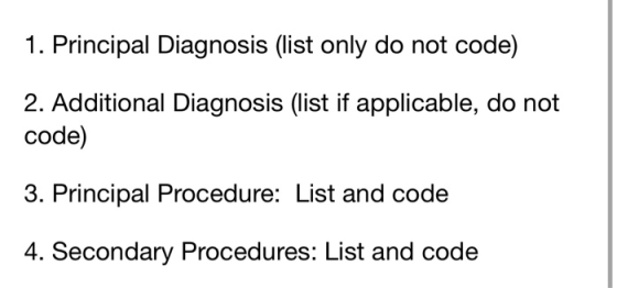 1. Principal Diagnosis (list only do not code) 2. Additional Diagnosis (list if applicable, do not code) 3. Principal Procedu