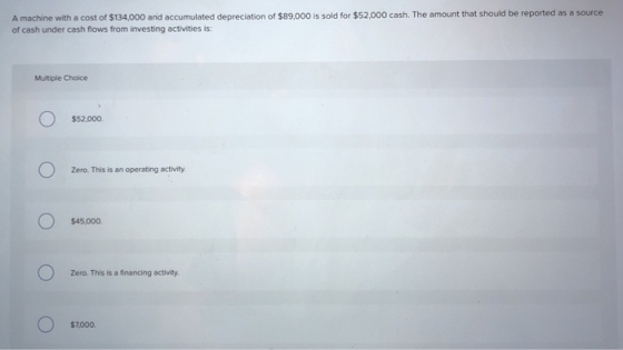 A machine with a cost of $134,000 and accumulated depreciation of $89,000 is sold for $52,000 cash. The amount that should be