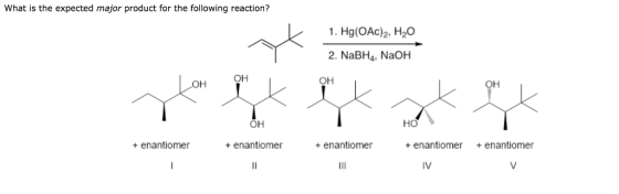 What is the expected major product for the following reaction? 1. Hg(OAc)2, H20 2. NaBH4, NaOH OH OH OH OH OH HO + enantiomer + enantiomer + enantiomer + enantiomer enantiomer IV