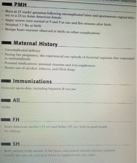 PMH Born at 37 weeks gestation following uncomplicated labor and spontaneous vaginal deliv- ery to a 23 yo Asian American fe