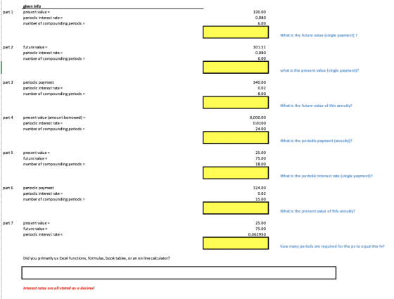 part 1 given info present value = periodic interest rate = number of compounding periods = 190.00 0.080 6.00 What is the futu