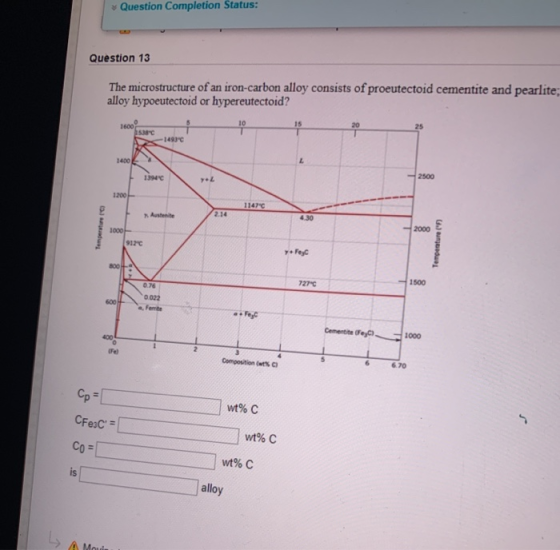 * Question Completion Status: Question 13 The microstructure of an iron-carbon alloy consists of proeutectoid cementite and p