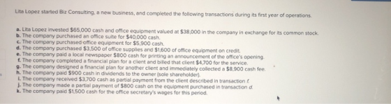 Lita Lopez started Biz Consulting, a new business, and completed the following transactions during its first year of operatio
