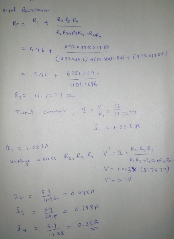 total Resistance Ri= R1 + R2 R₃ Ry R₂ R3 R3 Ry trafy I 5.96 + 11.92% 29,8 x 17.88 (11.92x29.8) +(29.8+(17.88) + (11.92x 17.88