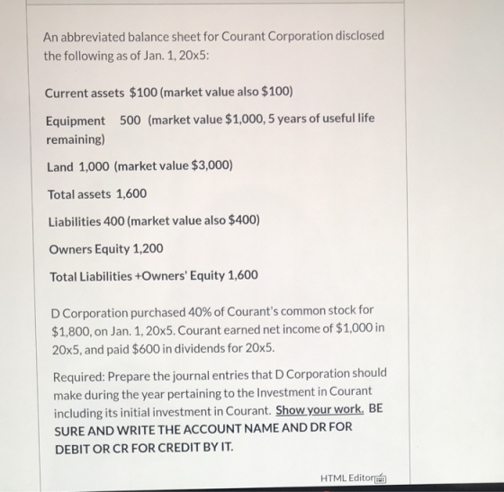 An abbreviated balance sheet for Courant Corporation disclosed the following as of Jan. 1,20x5: Current assets $100 (market v