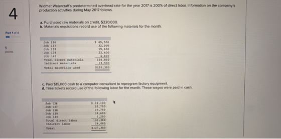 Widmer Watercrafts predetermined overhead rate for the year 2017 is 200 % of direct labor. Information on the companys prod