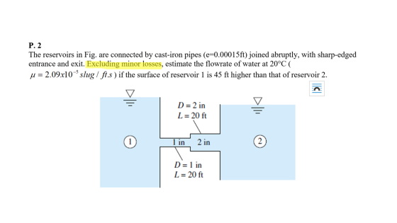 P.2 The reservoirs in Fig. are connected by cast-iron pipes (e=0.00015ft) joined abruptly, with sharp-edged entrance and exit