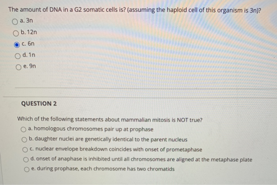 The amount of DNA in a G2 somatic cells is? (assuming the haploid cell of this organism is 3n)? a. 3n b. 12n C. 6n d. 1n e. O