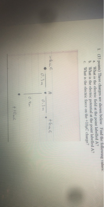 1. (15 points) Three charges are shown below. Find the following values a. What is the electric field at the point labelled A