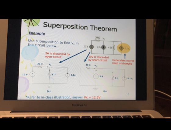 Superposition Theorem Example Use superposition to find v, in the circuit below. 10 V 2A 4 2 2A is discarded by open-circuit