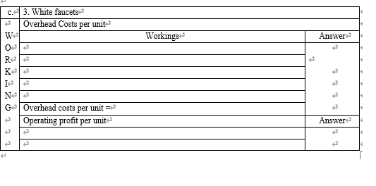 Workings Answere c. 3. White faucets Overhead Costs per unit we Ole Rele Kele le t e to تواترN GeOverhead costs per unit = Op
