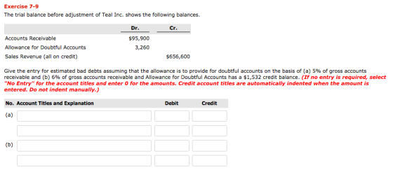 Exercise 7-9 The trial balance before adjustment of Teal Inc. shows the following balances. Dr. Cr. Accounts Receivable $95,9