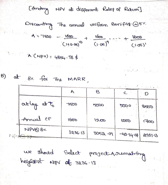 [fonding NPV at differant Rates of Rebum] Discounting The annual uniform Benifitf @54. A 7500 1600 1600 ccnt 1600 (1.05) C17