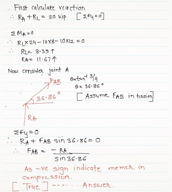 . First calculate reaction RA+ R₂ = 20 kip [ {F4 = 0] EMA=0 .: Rix24-10X8-10X12 = 0 .. RLE 8.33 ↑ RA= 11-67 Now consider Join