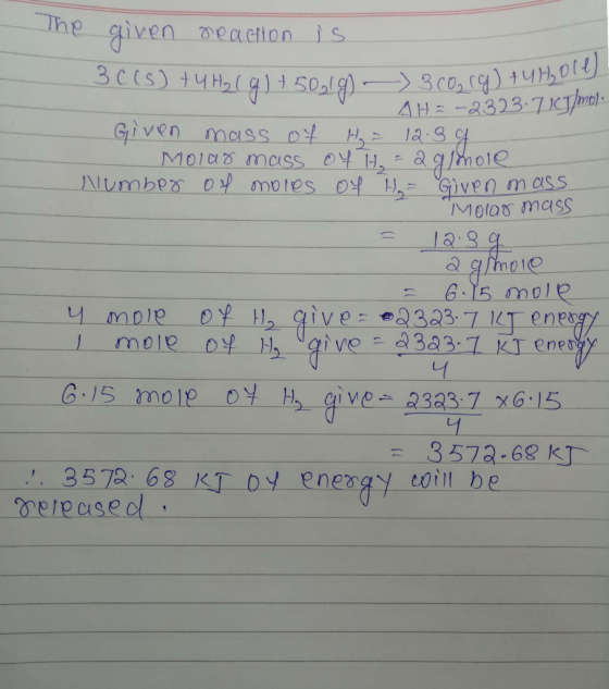 81750,1g) 3 corg) tu Holl). AHE-2323.7 16J/mol. The given Deaction is 3015) + 4H2(g) + 50,00) = 30 Given mass of H = 12. 39 M