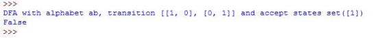 >>> DFA with alphabet ab, transition [[1, 0], [0, 1]] and accept states set ([1]) False