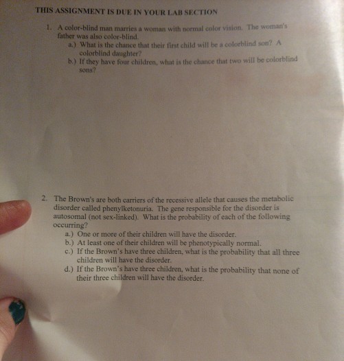 THIS ASSIGNMENT IS DUE IN YOUR LAB SECTION 1. A color-blind man marries a woman with normal color vision. The womans father was also color-blind. a.) What is the chance that their first child will be a colorblind son? A colorblind daughter? b.) If they have four children, what is the chance that two will be colorblind sons? 2、 The Browns are both carriers of the recessive allele that causes the metabolic disorder called phenylketonuria. The gene responsible for the disorder is autosomal (not sex-linked). What is the probability of each of the following occurring? a.) One or more of their children will have the disorder. b.) At least one of their children will be phenotypically normal. c.) If the Browns have three children, what is the probability that all three children will have the disorder d.) If the Browns have three children, what is the probability that none of ir three children will have the disorder.