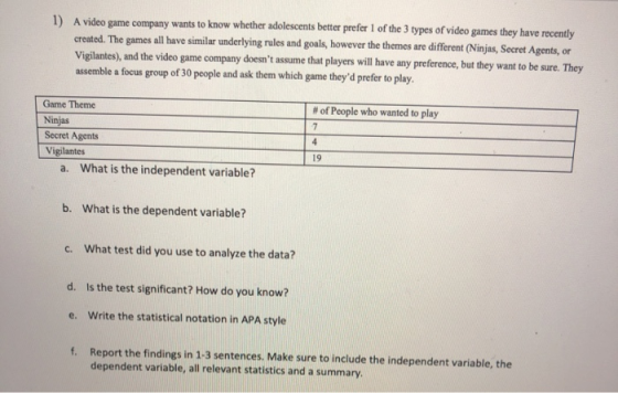 1) A video game company wants to know whether adolescents better prefer 1 of the 3 types of video games they have recently cr