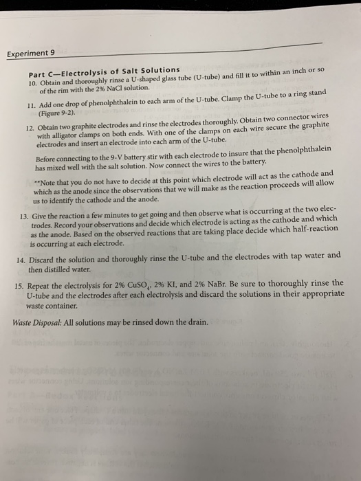 Experiment 9 Part C-Electrolysis of Salt Solutions 10. Obtain and thoroughly rinse a U-shaped glass tube (U-tube) and fill it