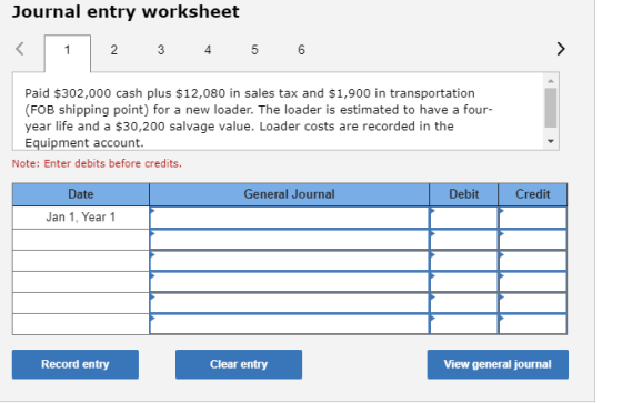 Journal entry worksheet 1 2 3 4 5 6 Paid $302,000 cash plus $12,080 in sales tax and $1,900 in transportation (FOB shipping p