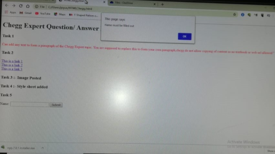 + C → Apps M UM File C/Userpy.HTMLChegg.html YouTube Maps Suped Pattem al Chegg Expert Question/Answer This page says Name mu