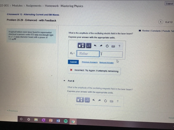 Logout 22-001 » Modules > Assignments > Homework - Mastering Physics < Homework 12 - Alternating Current and EM Waves Problem