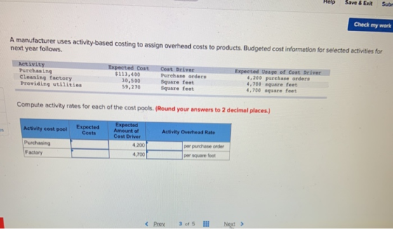 Check my work A manufacturer uses activity-based costing to assign overhead costs to products. Budgeted cost information for