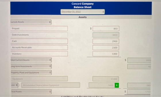 Concord Company Balance Sheet December 31, 2022 Assets Current Assets Prepaid 850 Debt Investments 3800 Cash 2900 Accounts Re