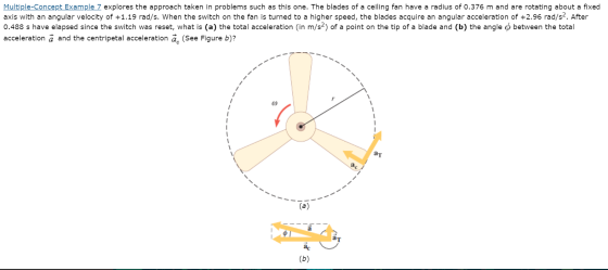 Multiple-Concept Example 7 explores the approach taken in problems such as this one. The blades of a ceiling fan have a radiu