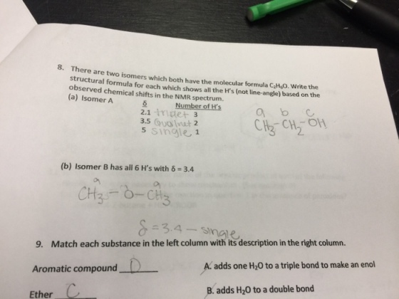 8. two isomers which both have the molecular formula C2HeO. Write the structural for for each which shows all Hs (not line angle) based on the observed chemical shifts in the NMR spectrum. (a) Isomer A Number of Hs a b Oh CH CH 2.1 nuet. 3 3.5 2 5 single 1 (b) Isomer B has all 6 Hs with 6 3.4. 2.4 Sinale 9. Match each substance in the left column with its description in the right column. Aromatic compound A adds one H20 to a triple bond to make an enol adds H20 to a double bond Ether