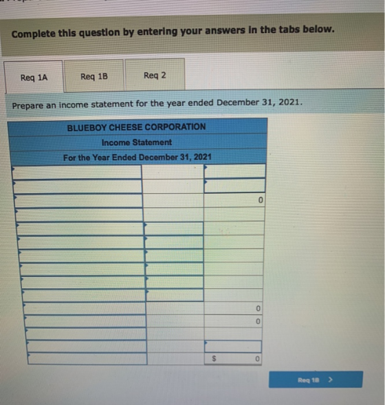 Complete this question by entering your answers in the tabs below. Req 1A Req 1B Req 2 Prepare an income statement for the ye