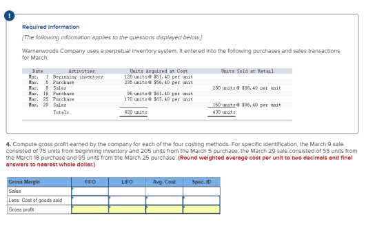 Required information [The following information applies to the questions displayed below.) Warnerwoods Company uses a perpetu