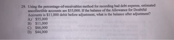 29. Using the percentage-of-receivables method for recording bad debt expense, estimated uncollectible accounts are $55,000.