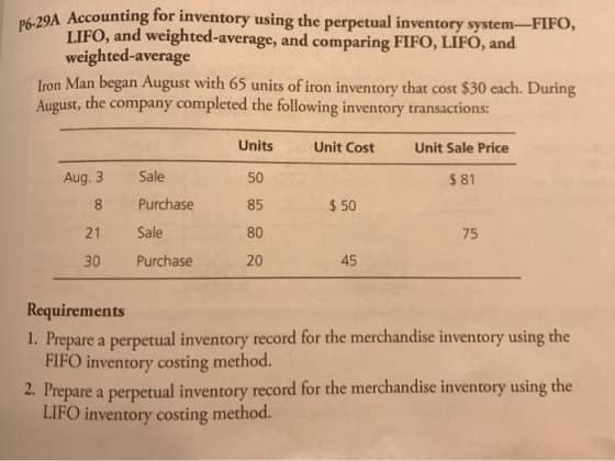 29A Accounting for inventory using the perpetual inventory system/FIFO, LIFO, and weighted average, and comparing FIFO, LIFO,
