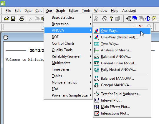 Eile Edit Data Calc Stat Graph Editor Tools Window Help Assistant Basic Statistics Regression ANOVA + One-Way... DOE One-Way