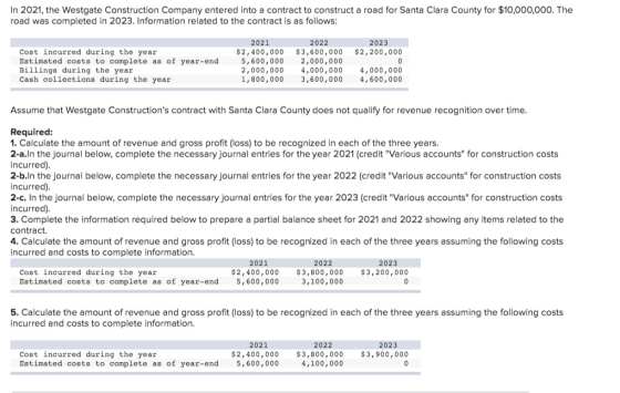 In 2021, the Westgate Construction Company entered into a contract to construct a road for Santa Clara County for $10,000,000
