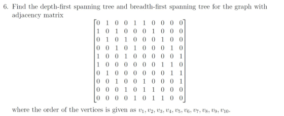 6. Find the depth-first spanning tree and breadth-first spanning tree for the graph with adjacency matrix 10 1 0 0 1 1 00001