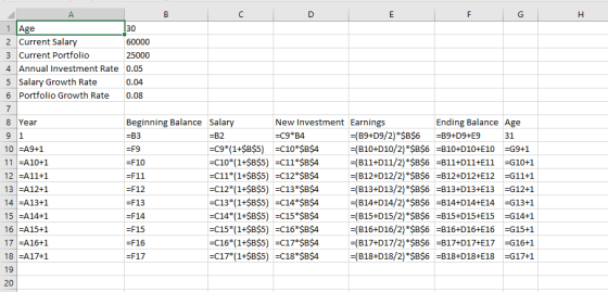 1 Age 30 2 Current Salary 60000 3 Current Portfolio 25000 4 Annual Investment Rate 0.05 5 Salary Growth Rate 0.04 6 Portfolio
