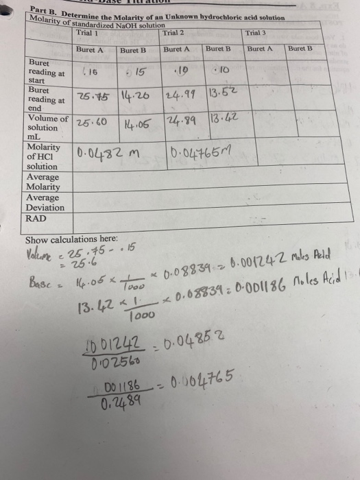 UDAS TIL ALIUL Part B. Determine 1 • Determine the Molarity of an Unknown hydrochloric acid solution Volarity of standardized