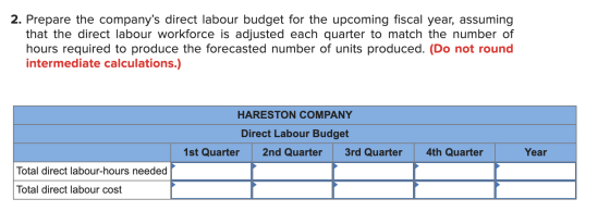2. Prepare the companys direct labour budget for the upcoming fiscal year, assuming that the direct labour workforce is adju