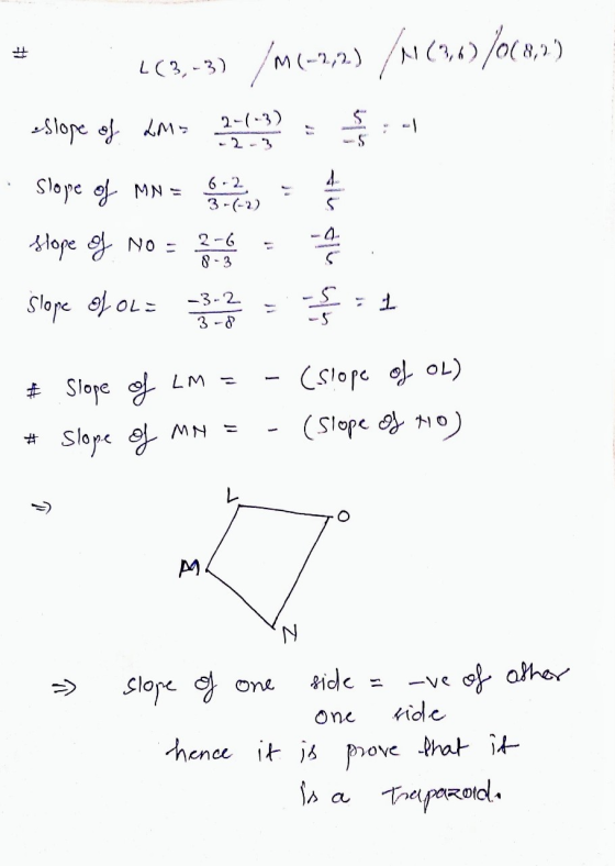6-2 3-(-2) * 1(3,-3) (M2-2,2.) (N1 (367/000,0) eSlope of 2ms 2:43) =- - Slope of MN = b = slope of Noche slope of ous 33 = 1