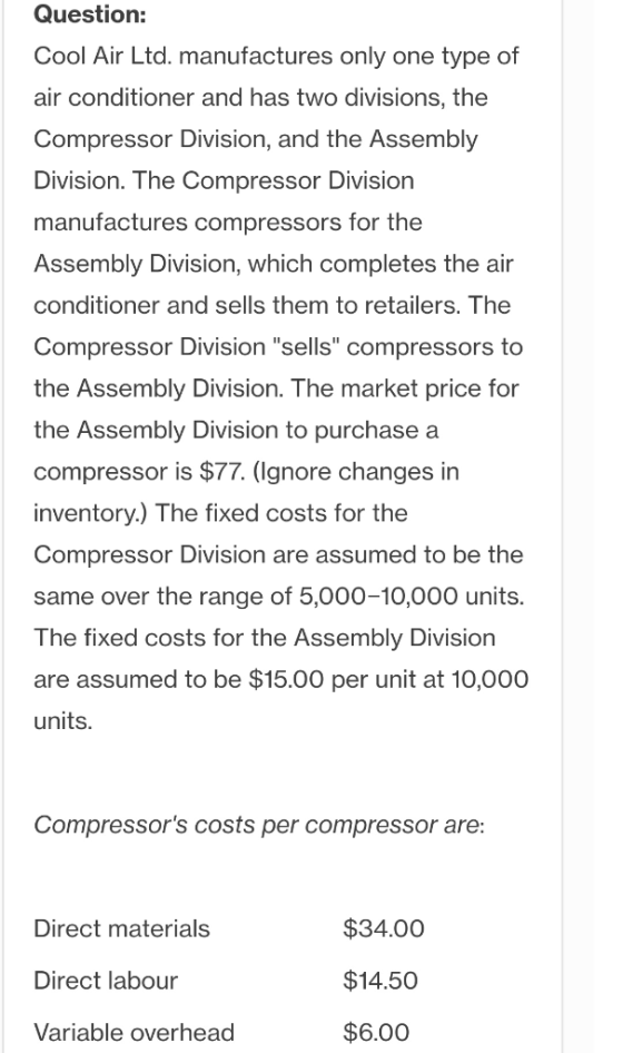 Question: Cool Air Ltd. manufactures only one type of air conditioner and has two divisions, the Compressor Division, and the